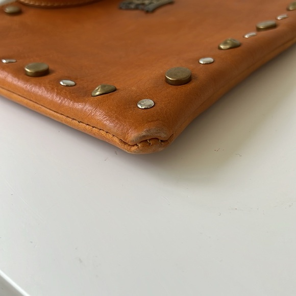 Pratesi Firenze Studded Cognac Brown Leather Clutch Wristlet Crossbody Bag Italy - Picture 8 of 14